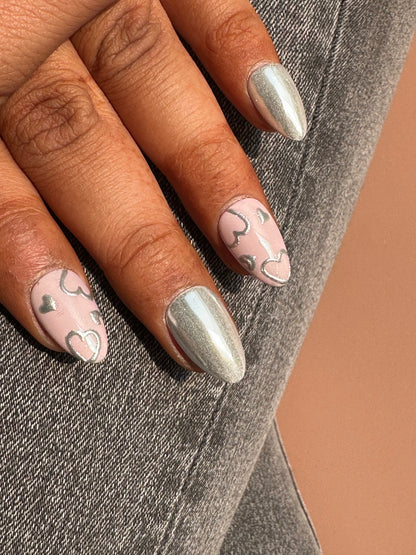 Pink With Silver Chrome Heart Presson Nail With Nail Kit