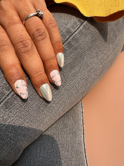 Pink With Silver Chrome Heart Presson Nail With Nail Kit